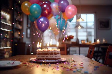 Birthday cake with candles and colorful balloons on the table in cafeの素材