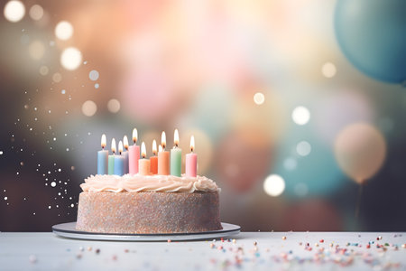 Birthday cake with burning candles on bokeh background, tonedの素材