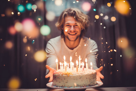 happy man blowing out candles on birthday cake with burning candles at homeの素材