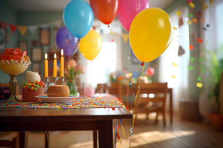 Birthday cake with colorful balloons and confetti on table in roomの素材