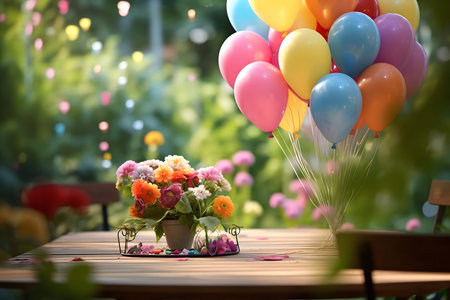 Colorful balloons and bouquet of flowers on wooden table in gardenの素材
