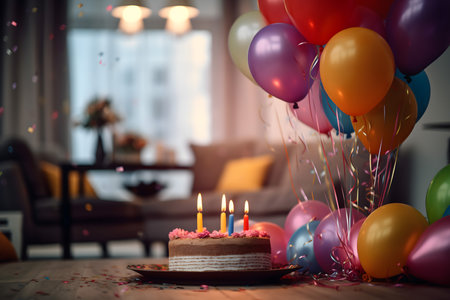 Birthday cake with burning candles and balloons on table in living roomの素材