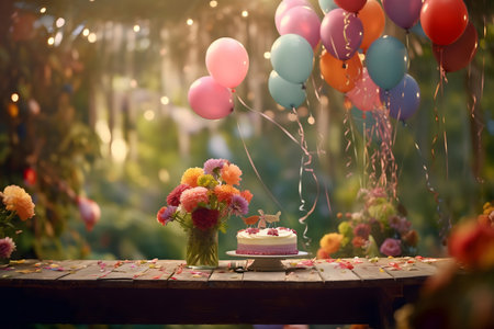 Birthday cake with colorful balloons and flowers on the table in the gardenの素材