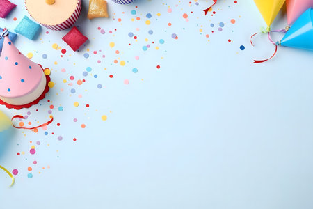 Birthday background with confetti and party items on a blue backgroundの素材