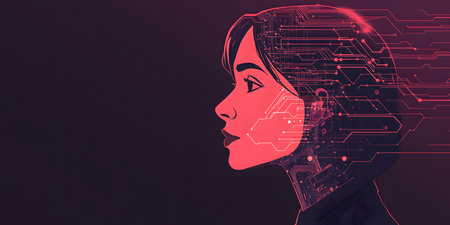 Side view of young woman with glowing brain on dark background. Artificial intelligence concept. 3D Renderingの素材