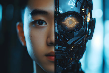 Close up portrait of a female robot looking at the camera. Futuristic technology concept.の素材