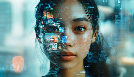 Double exposure portrait of young beautiful asian woman with technology background.の素材