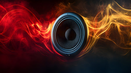 Audio speaker with fire flames and smoke on black background. 3d illustrationの素材