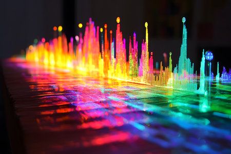 Close-up of multicolored LED lights on the table.の素材