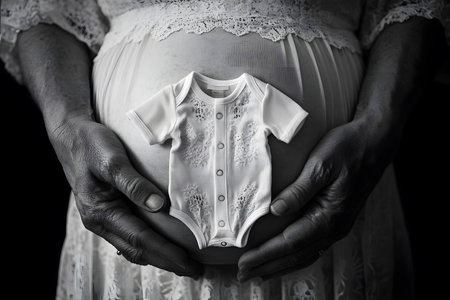 Pregnant woman holding baby clothes in her hands. Black and white photo.の素材