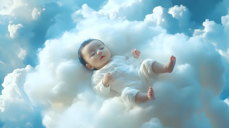 Cute asian baby sleeping on the cloud with blue sky backgroundの素材