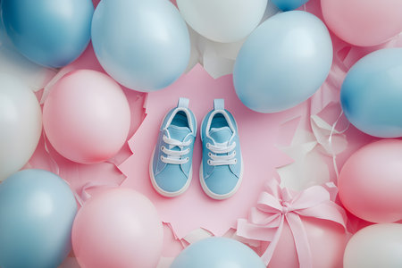Blue baby shoes with pink and blue balloons on a pink background.の素材