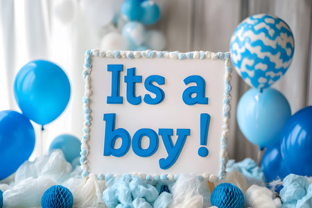 Decorative frame with phrase IT'S A BOY on blurred backgroundの素材