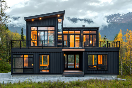 3d rendering of modern cozy chalet with pool and parking for sale or rent. Beautiful forest mountains on background.の素材