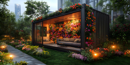 3d rendering of modern cozy terrace with flowers in the gardenの素材