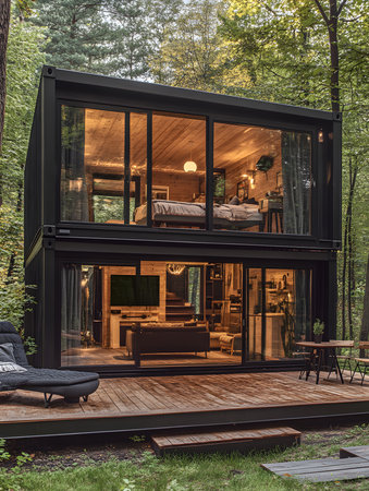 Interior of a modern wooden house in the forest. Nobody insideの素材