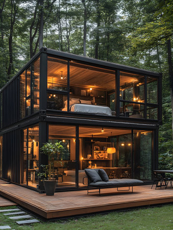 Wooden terrace of a modern house in the forest. Evening lightの素材