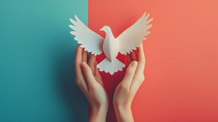Top view of female hands holding white dove on red and blue backgroundの素材