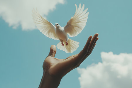 Hand holding a white dove in the blue sky. Freedom concept.の素材