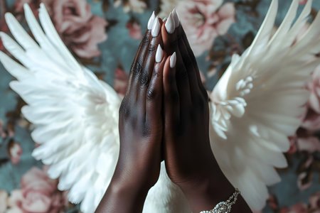 cropped view of african american female hands with white angel wings on floral backgroundの素材