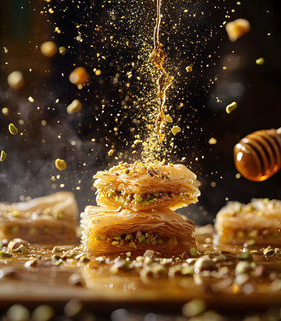 Turkish dessert baklava with pistachios and honey.の素材