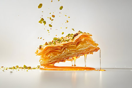 Piece of apple strudel with honey on a white backgroundの素材