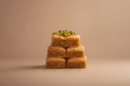 Turkish dessert baklava with pistachios on beige backgroundの素材