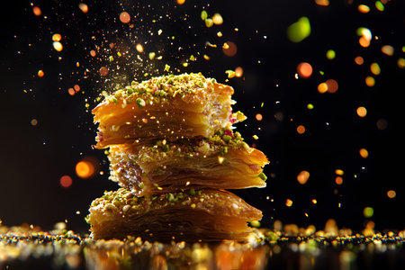Sweet baklava with pistachio powder on black backgroundの素材