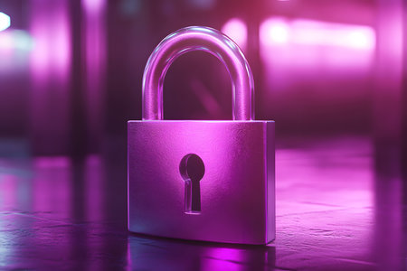 Purple padlock on a dark background. 3d rendering.の素材