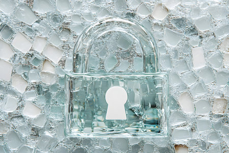 Close up of a glass padlock on a glass wall background.の素材