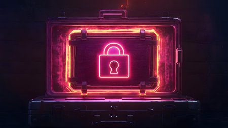 3d render of a glowing neon box with a padlock on itの素材