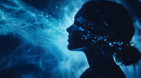 Side view of young woman in virtual reality headset against digital technology backgroundの素材