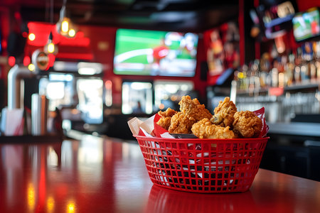 Crispy fried chicken in a red basket on a dark backgroundの素材