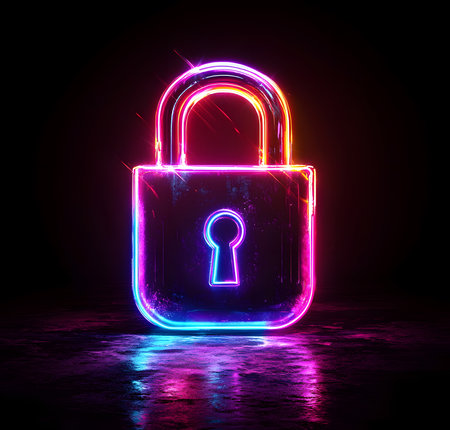 Glowing neon padlock on dark background. Cyber security concept.の素材