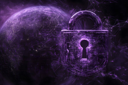 3D rendering of cyber security concept with a glowing padlock.の素材