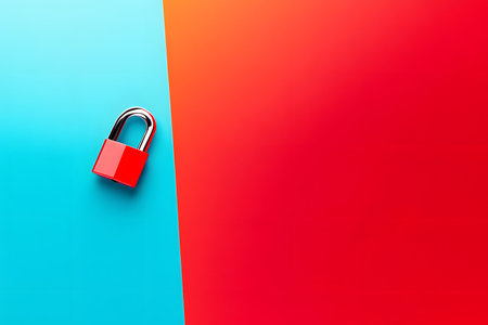 Red and blue background with a padlock, 3d render illustrationの素材