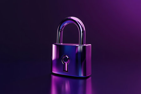 Padlock icon on a purple background. 3d rendering, 3d illustration.の素材