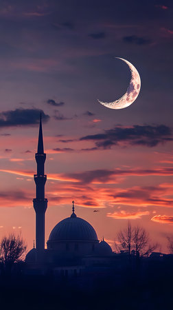 Silhouette of mosque and crescent moon at sunset, Istanbul, Turkeyの素材