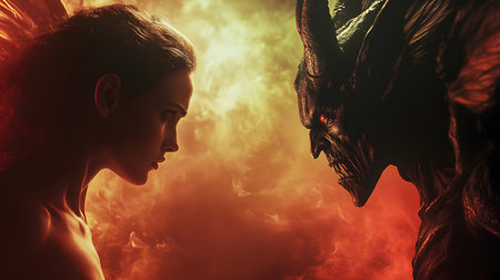 Side view of a beautiful young woman standing in the red smoke.の素材