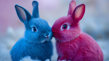 Cute easter bunnies on a white background. Selective focus.の素材