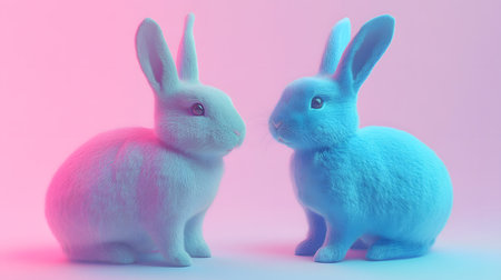 Two easter bunnies in pastel colors on gradient backgroundの素材