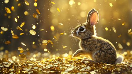 Cute rabbit sitting on golden confetti with bokeh backgroundの素材