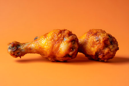 Crispy fried chicken drumsticks isolated on orange background. Close upの素材