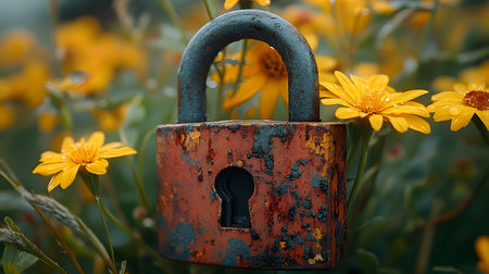 Close-up of a rusty padlock on a field of yellow flowersの素材
