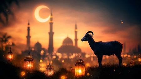 Ramadan Kareem background with arabic lanterns and goatの素材