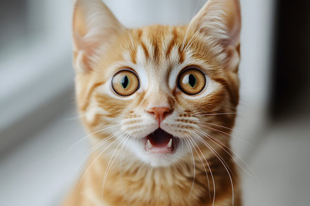 Closeup portrait of cute ginger cat with funny face and big eyesの素材