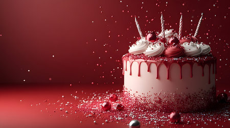 Birthday cake on a red background with copy space for your textの素材