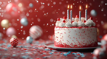 birthday cake with candles on a red background with bokehの素材