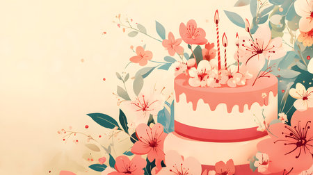 birthday cake with candles and flowers on beige background. vector illustrationの素材