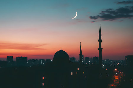 Silhouette of mosque and crescent in the city at sunsetの素材
